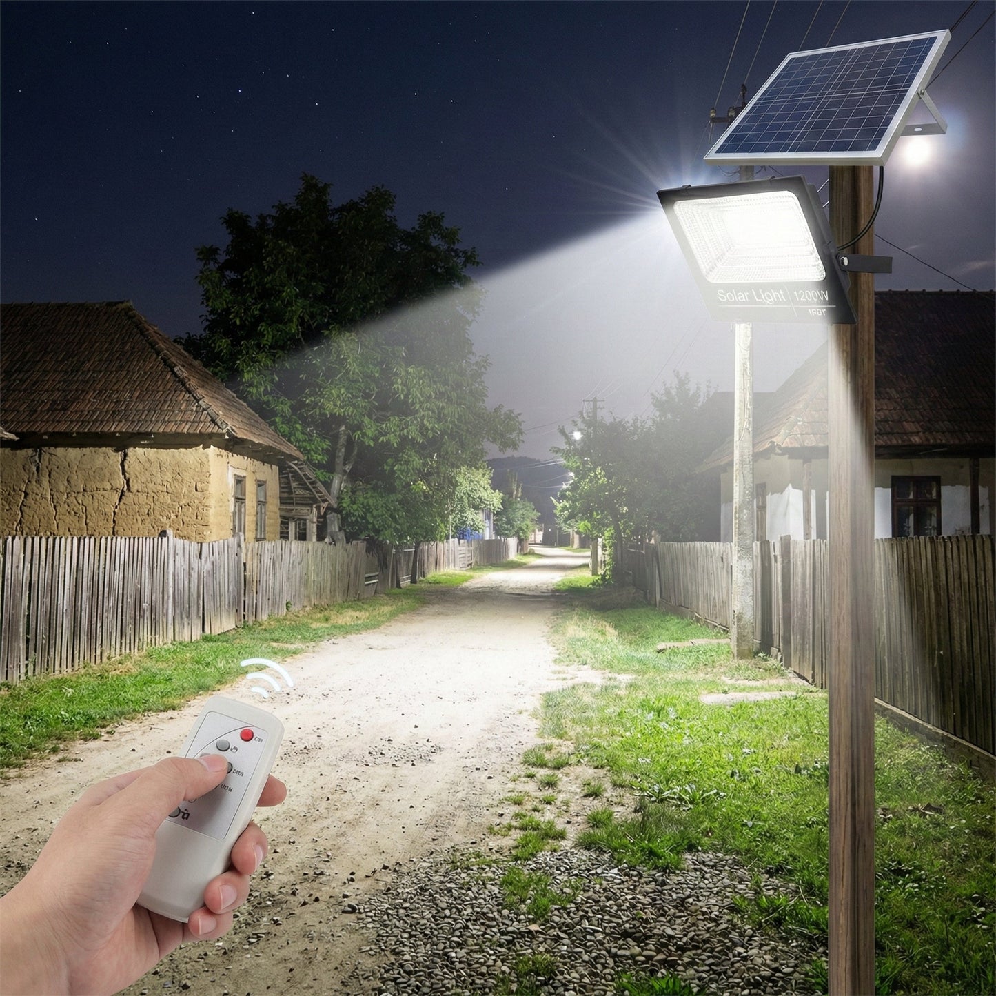 Proiector Solar Jortan 1200W, 928 LED, 4000 Lumeni, Baterie LiFePO4 40.000 mAh, IP67, Telecomandă