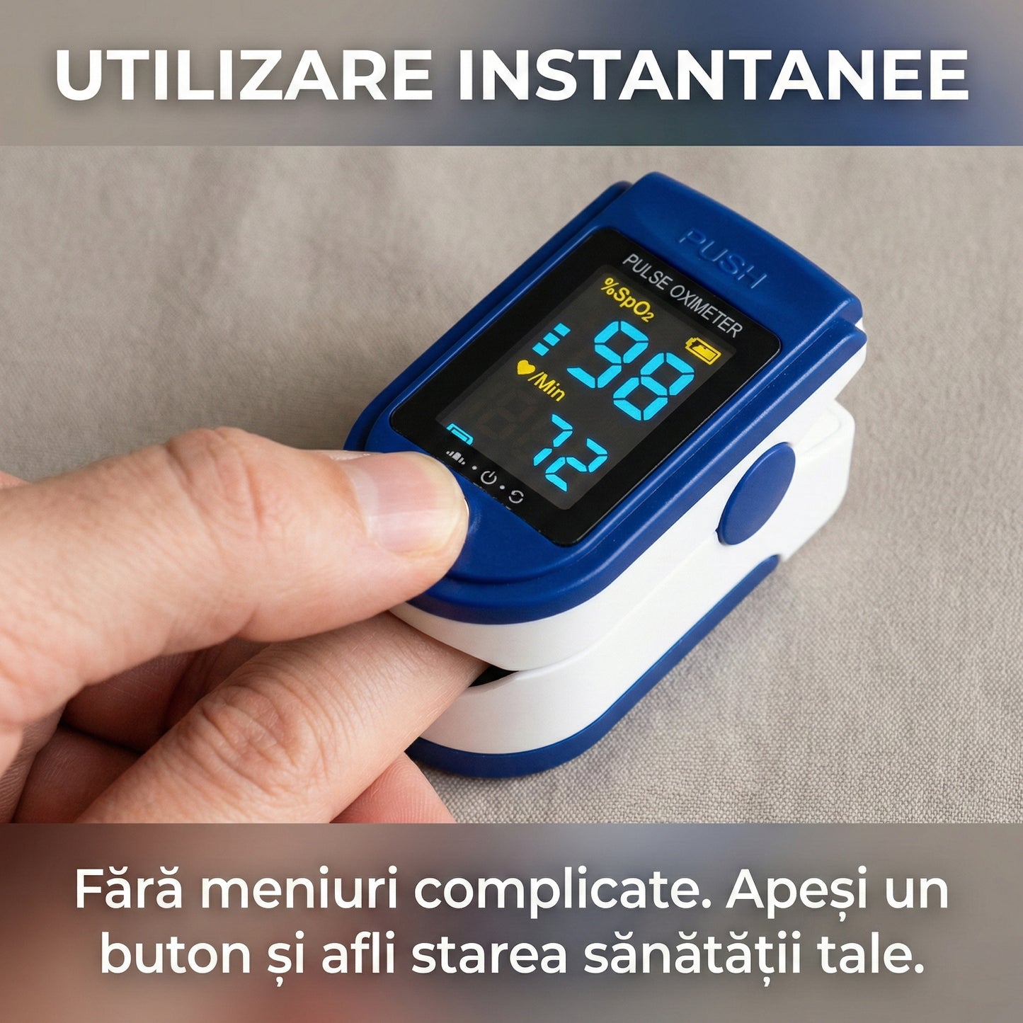 Puls Oximetru Digital pentru Deget, Monitorizare SpO2 și Puls, Precizie Medicală, Ecran LED, Oprire Automată, Albastru/Alb