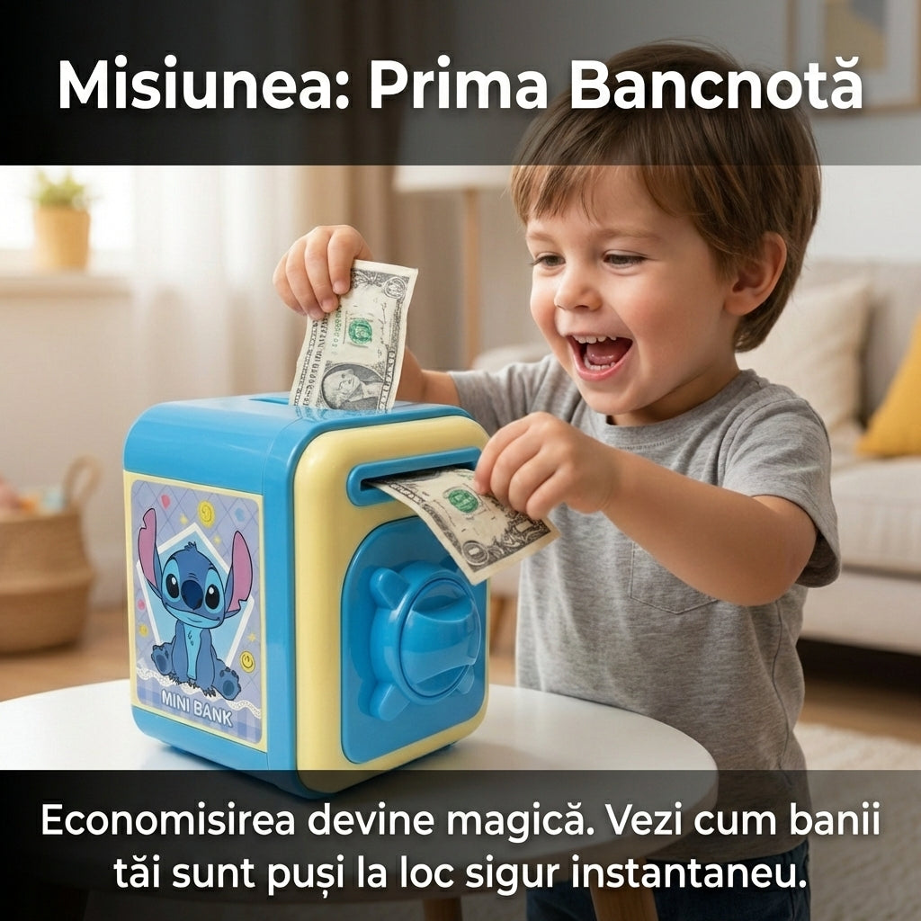 Pușculiță Electronică Interactivă Tip Seif "Stitch", Cod PIN și Lumini, Intrare Automată Bancnote și Monede, Albastru/Galben