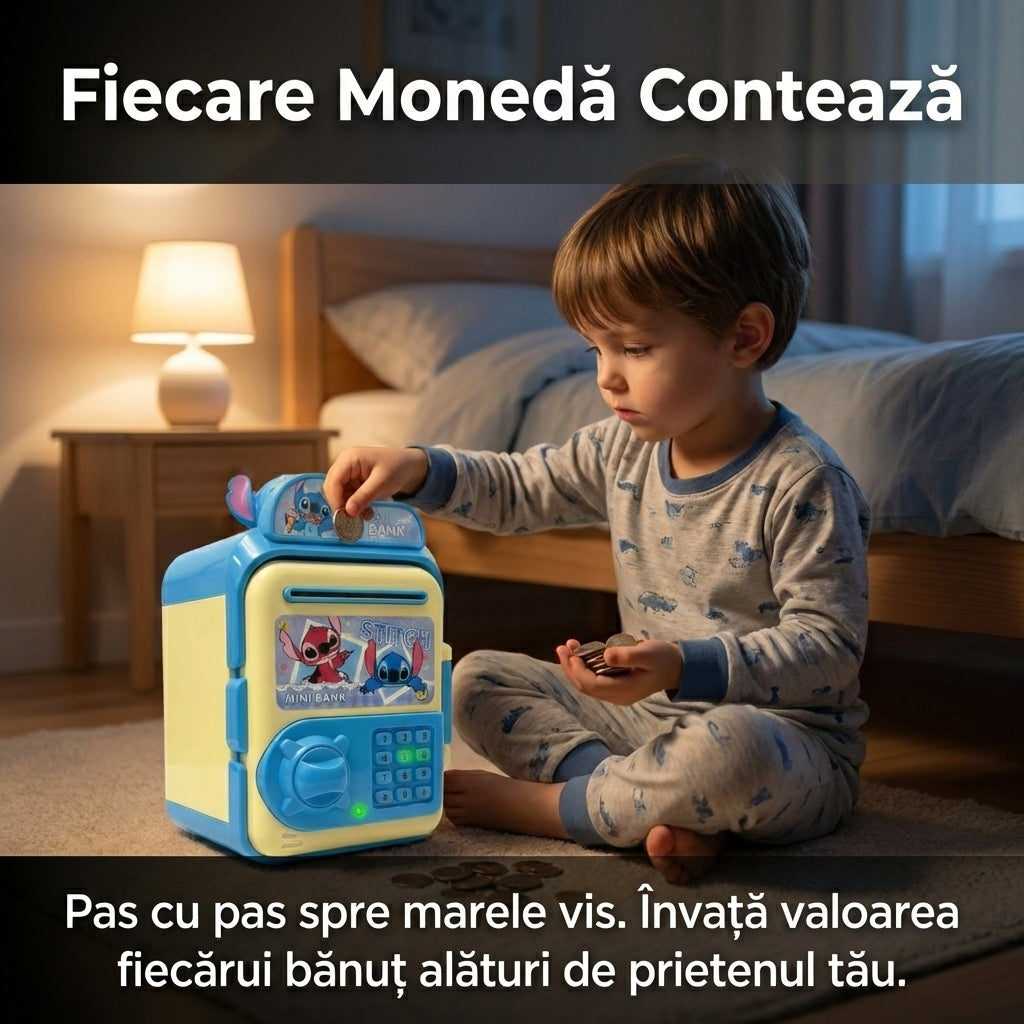 Pușculiță Electronică Interactivă Tip Seif "Stitch", Cod PIN și Lumini, Intrare Automată Bancnote și Monede, Albastru/Galben