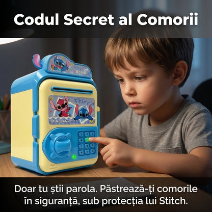 Pușculiță Electronică Interactivă Tip Seif "Stitch", Cod PIN și Lumini, Intrare Automată Bancnote și Monede, Albastru/Galben
