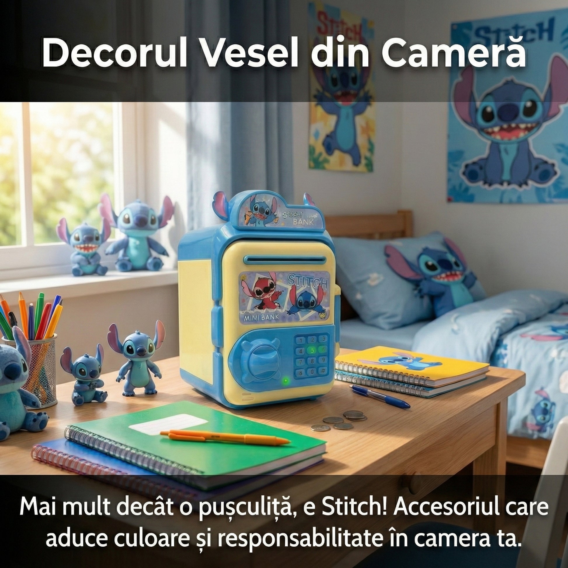 Pușculiță Electronică Interactivă Tip Seif "Stitch", Cod PIN și Lumini, Intrare Automată Bancnote și Monede, Albastru/Galben