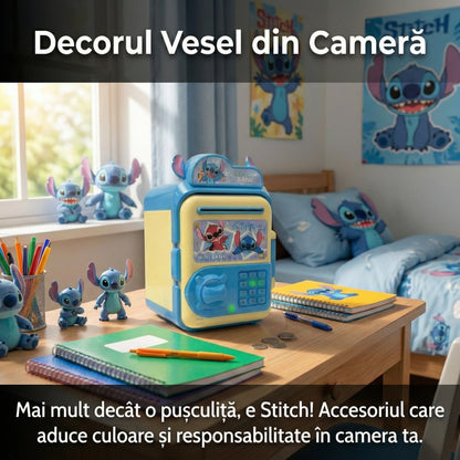Pușculiță Electronică Interactivă Tip Seif "Stitch", Cod PIN și Lumini, Intrare Automată Bancnote și Monede, Albastru/Galben