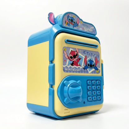 Pușculiță Electronică Interactivă Tip Seif "Stitch", Cod PIN și Lumini, Intrare Automată Bancnote și Monede, Albastru/Galben