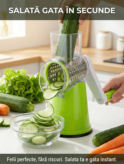 Răzătoare Manuală Multifuncțională pentru Legume (Drum Grater) - 3 Lame Inox, Fixare cu Ventuză & Feliere Rapidă