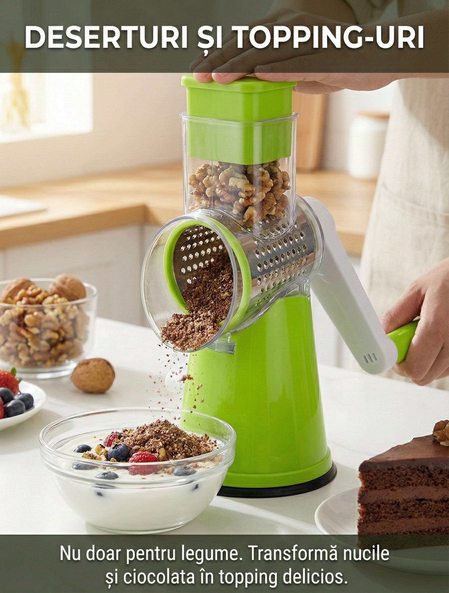 Răzătoare Manuală Multifuncțională pentru Legume (Drum Grater) - 3 Lame Inox, Fixare cu Ventuză & Feliere Rapidă