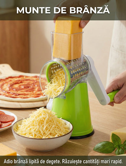 Răzătoare Manuală Multifuncțională pentru Legume (Drum Grater) - 3 Lame Inox, Fixare cu Ventuză & Feliere Rapidă