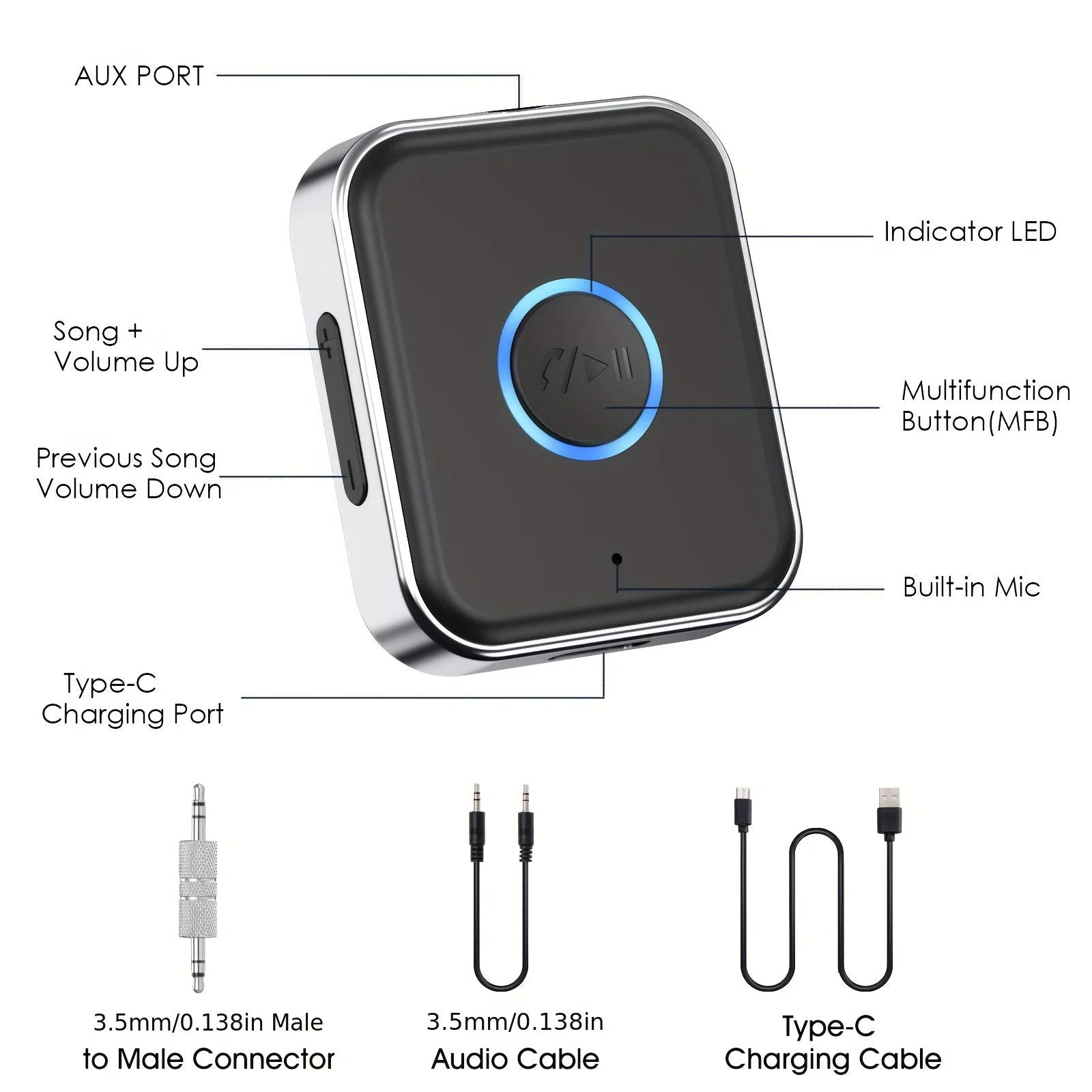 Receptor Audio Wireless Portabil cu Adaptor AUX Hands-Free pentru Mașină și Stereo Acasă