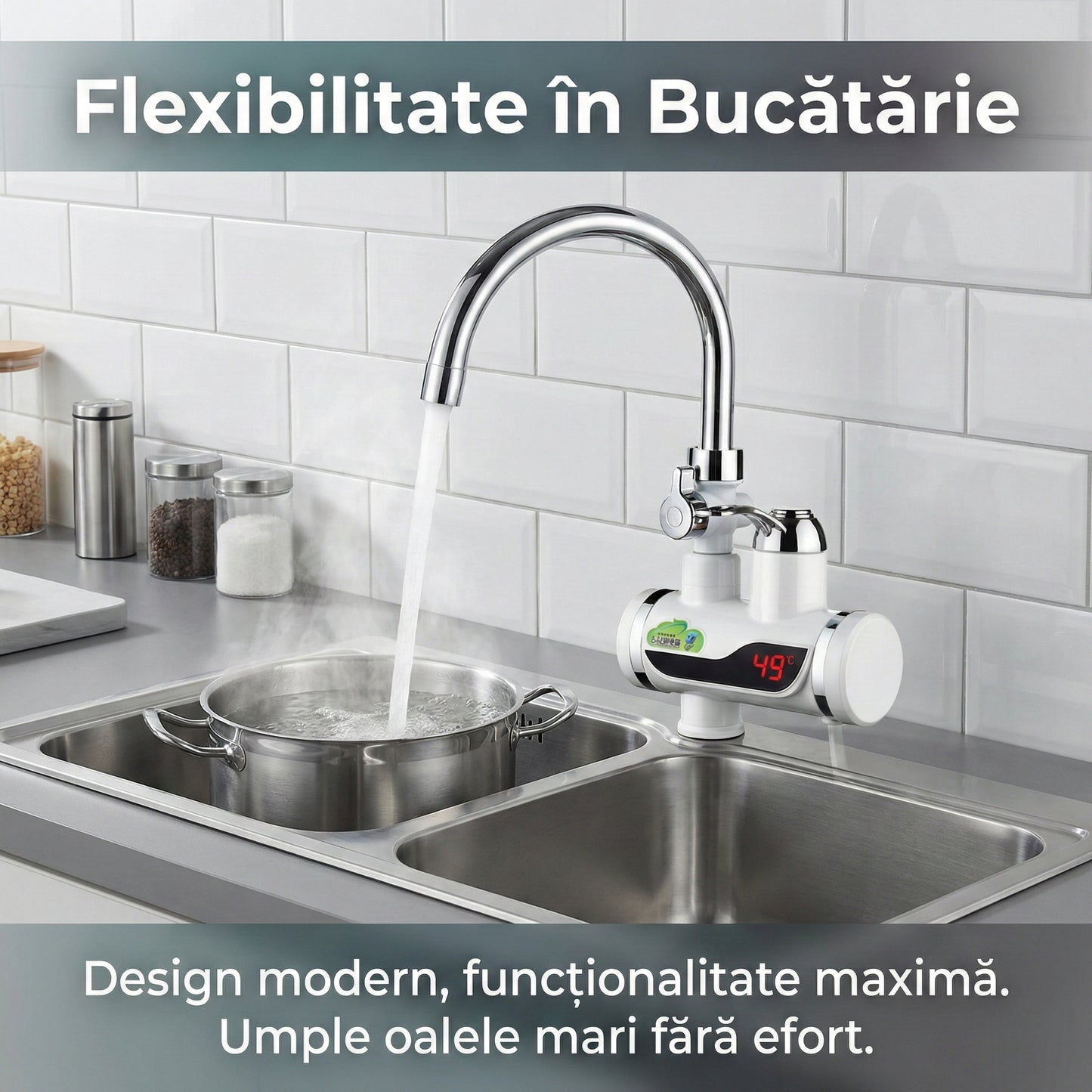 Robinet Electric Instant 3000W cu Încălzitor și Duș Inclus, Afișaj LCD, Rotire 360°, Montare Ușoară pe Chiuvetă, Alb/Crom