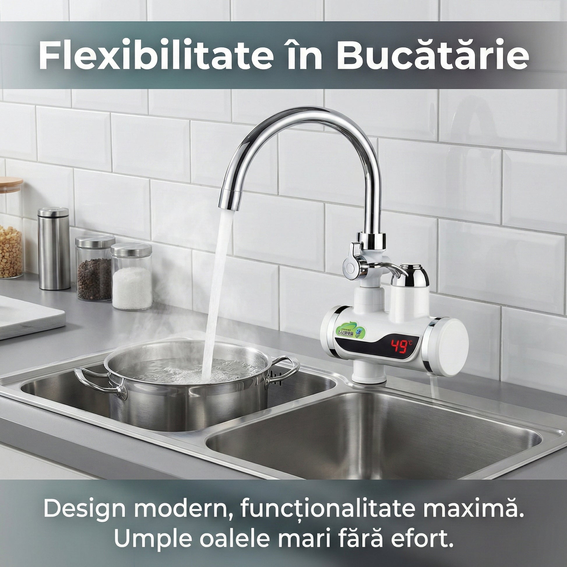 Robinet Electric Instant 3000W cu Încălzitor și Duș Inclus, Afișaj LCD, Rotire 360°, Montare Ușoară pe Chiuvetă, Alb/Crom