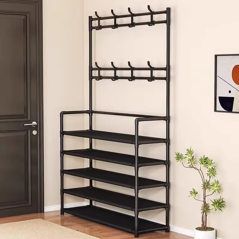 Suport Dublu 2 în 1 Cuier și Pantofar, 6 Polițe, Metal Dur și Rezistent 96x28x162 cm
