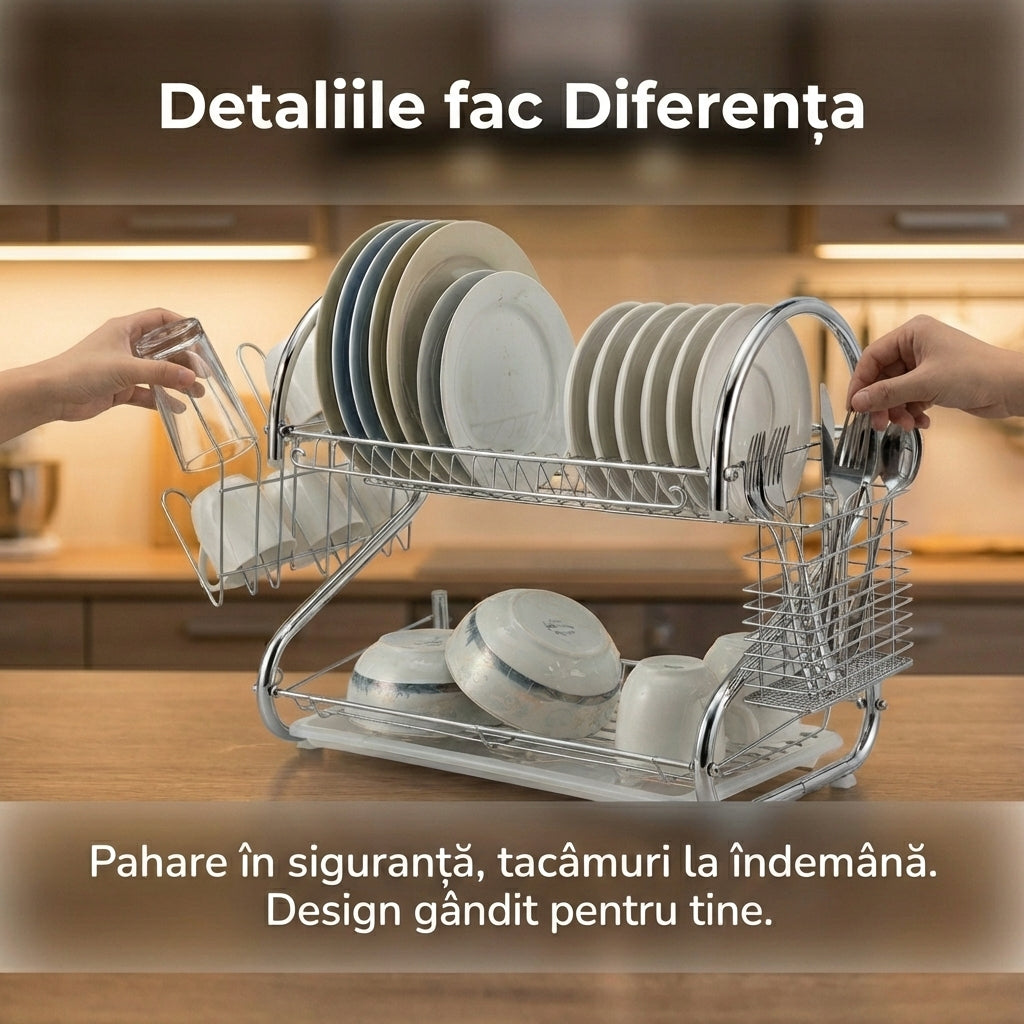 Scurgător de Vase Cromat cu 2 Niveluri, Tavă de Scurgere, Suport Pahare și Tacâmuri