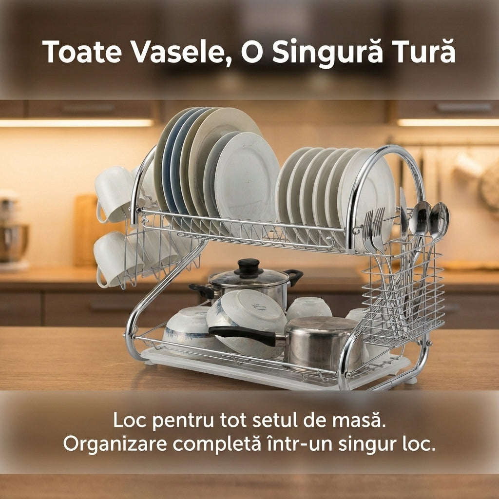 Scurgător de Vase Cromat cu 2 Niveluri, Tavă de Scurgere, Suport Pahare și Tacâmuri