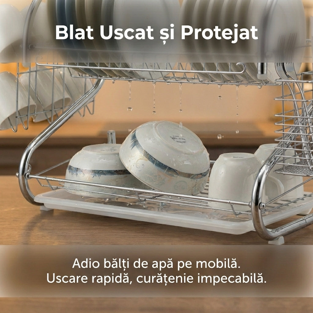 Scurgător de Vase Cromat cu 2 Niveluri, Tavă de Scurgere, Suport Pahare și Tacâmuri