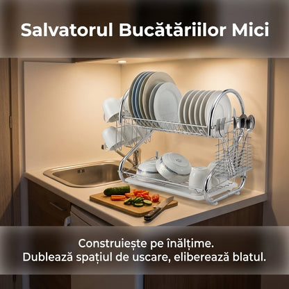 Scurgător de Vase Cromat cu 2 Niveluri, Tavă de Scurgere, Suport Pahare și Tacâmuri