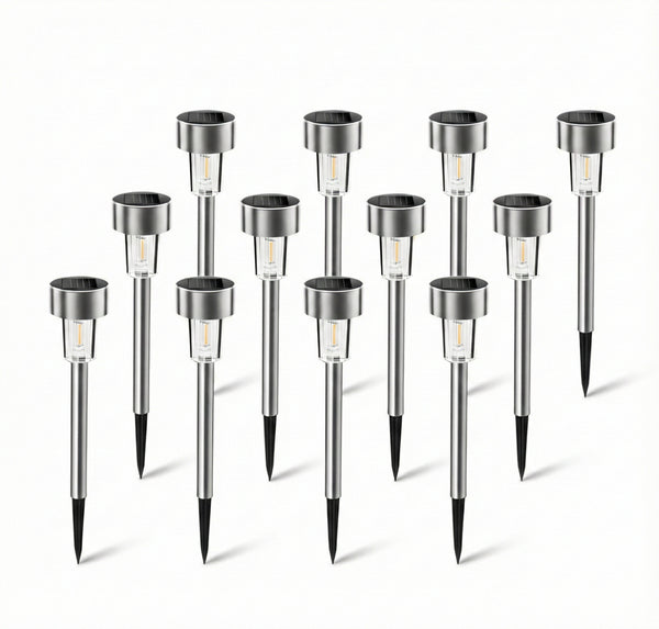 Set 12 Lămpi Solare LED de Grădină din Inox, Lumină Rece 6500K, Impermeabile IP44, Montare în Sol