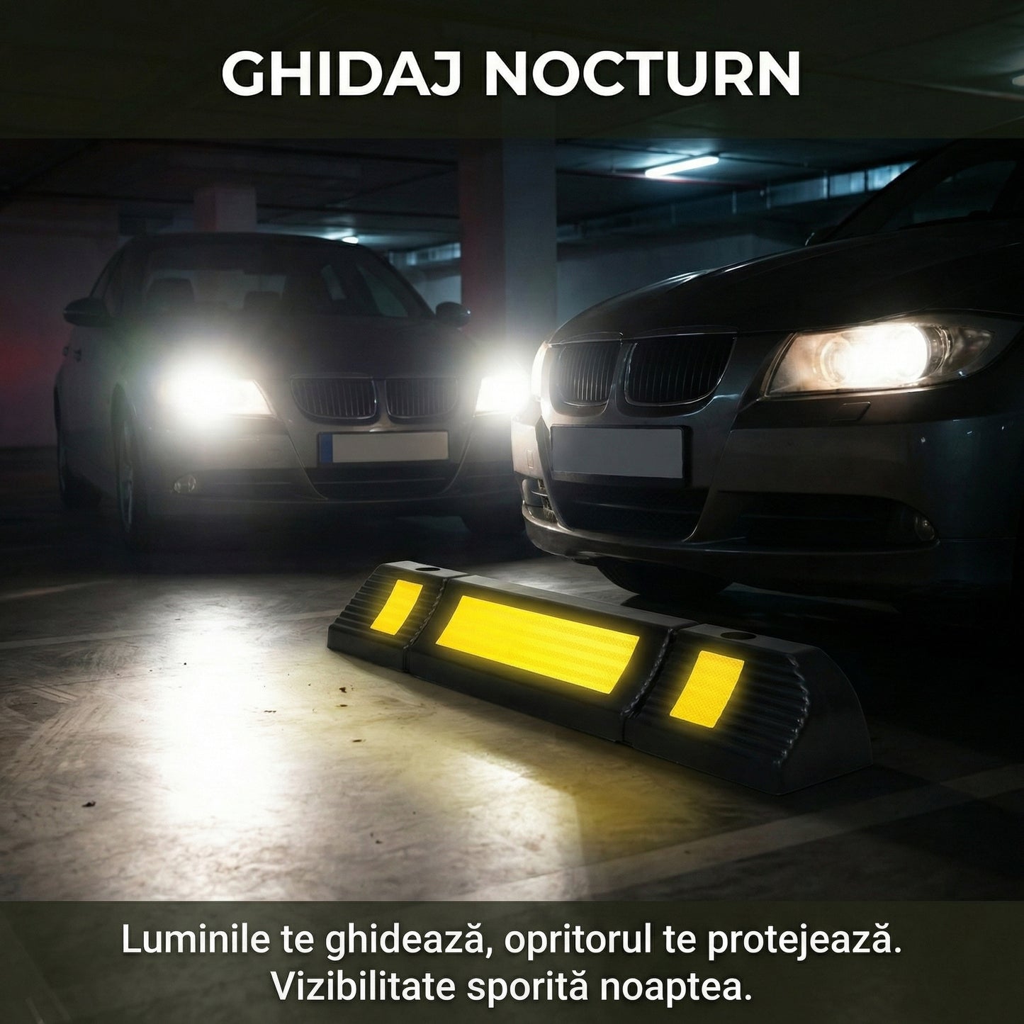 Set 2 Opritoare Roți Auto Reflectorizante - Limitatoare Parcare din Cauciuc Rezistent & Kit Montaj Inclus