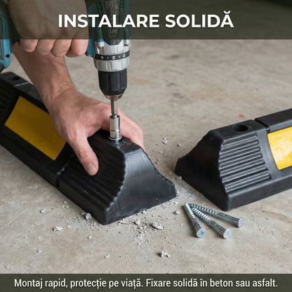 Set 2 Opritoare Roți Auto Reflectorizante - Limitatoare Parcare din Cauciuc Rezistent & Kit Montaj Inclus