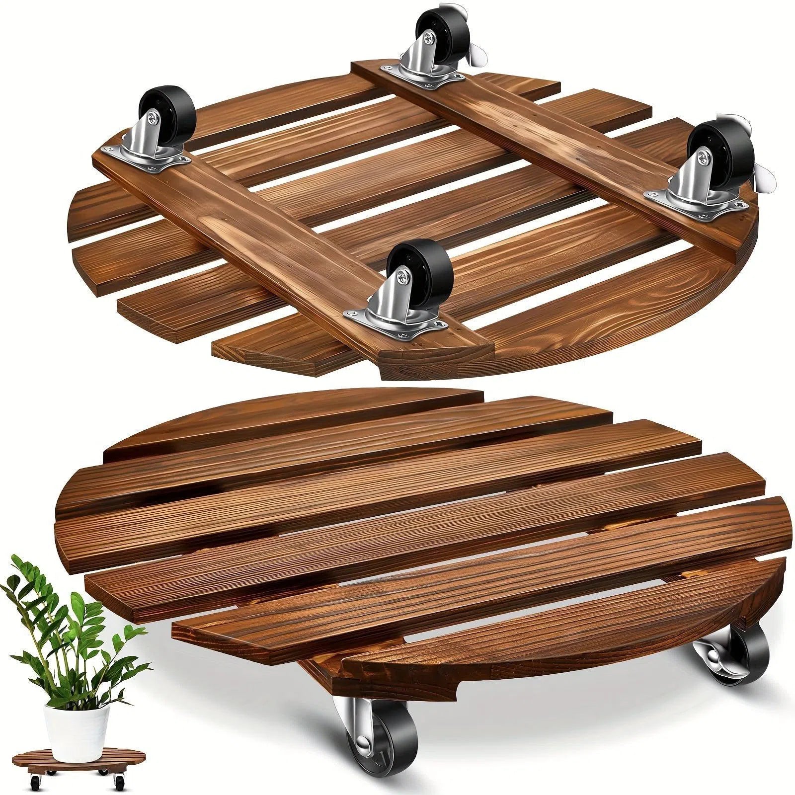 Set 2 suporturi rotunde din lemn cu roți blocabile pentru ghivece - rezistente și versatile, pentru interior și exterior, diametru 32 cm