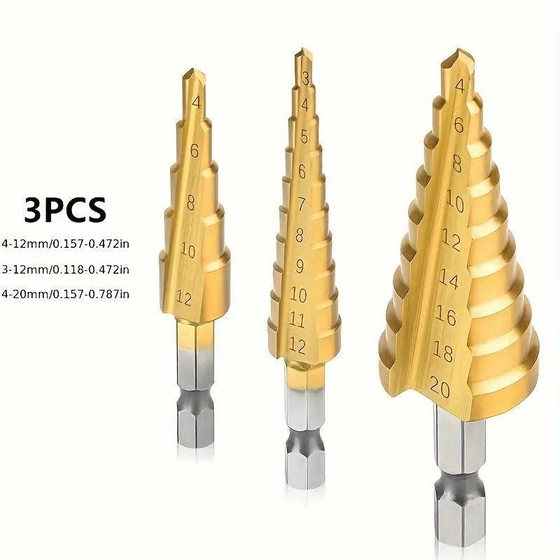 Set 3 Burghie Trepte din Oțel cu Acoperire de Titan - Dimensiuni Multiple, Precizie Ridicată pentru Lemn și Metal