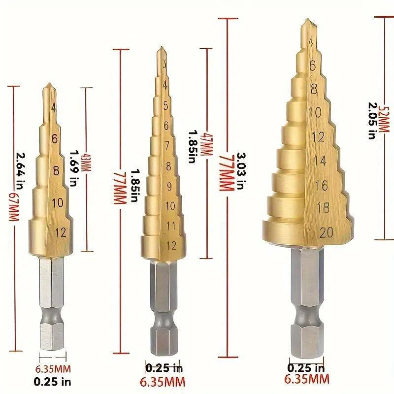 Set 3 Burghie Trepte din Oțel cu Acoperire de Titan - Dimensiuni Multiple, Precizie Ridicată pentru Lemn și Metal