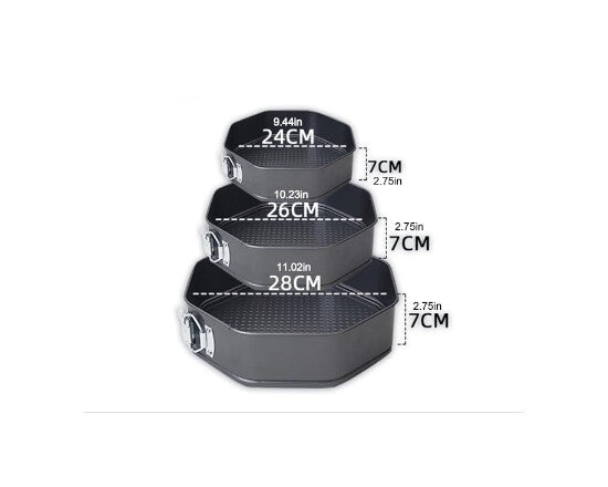 Set 3 Forme pentru Tort cu Perete Deschis, Octagon Diametru 24-28 cm, Teflon