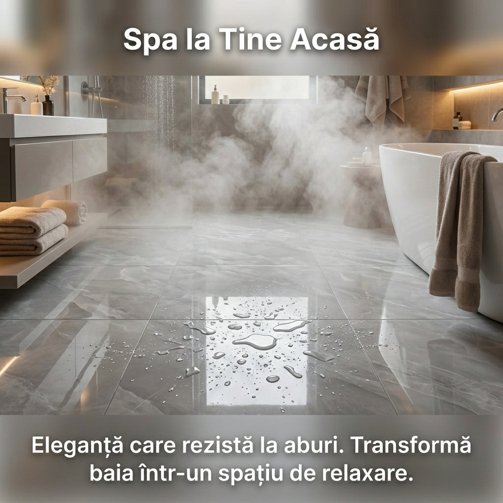 Set 5 Gresie PVC Autoadezivă Premium, Aspect Marmură Alb/Gri, 60x60 cm, Impermeabilă și Ignifugă, Montaj Rapid Fără Adeziv