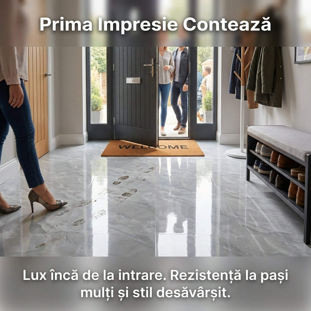 Set 5 Gresie PVC Autoadezivă Premium, Aspect Marmură Alb/Gri, 60x60 cm, Impermeabilă și Ignifugă, Montaj Rapid Fără Adeziv