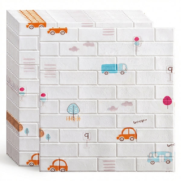 Set 5 Tapet Autoadeziv 3D din Spumă Moale, Model Cărămidă Albă cu Mașinuțe, Impermeabil, Termorezistent, Lavabil