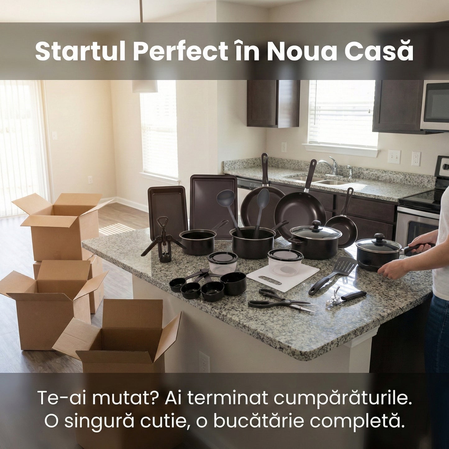 Set Complet Bucătărie 22 Piese Carter & Clay, Vase Gătit Antiaderente ILAG, Tavă Cuptor și Ustensile, Oțel Carbon, Negru