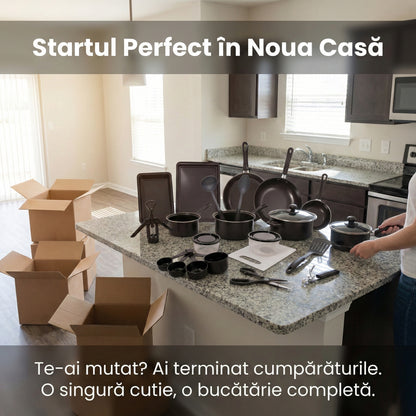 Set Complet Bucătărie 22 Piese Carter & Clay, Vase Gătit Antiaderente ILAG, Tavă Cuptor și Ustensile, Oțel Carbon, Negru