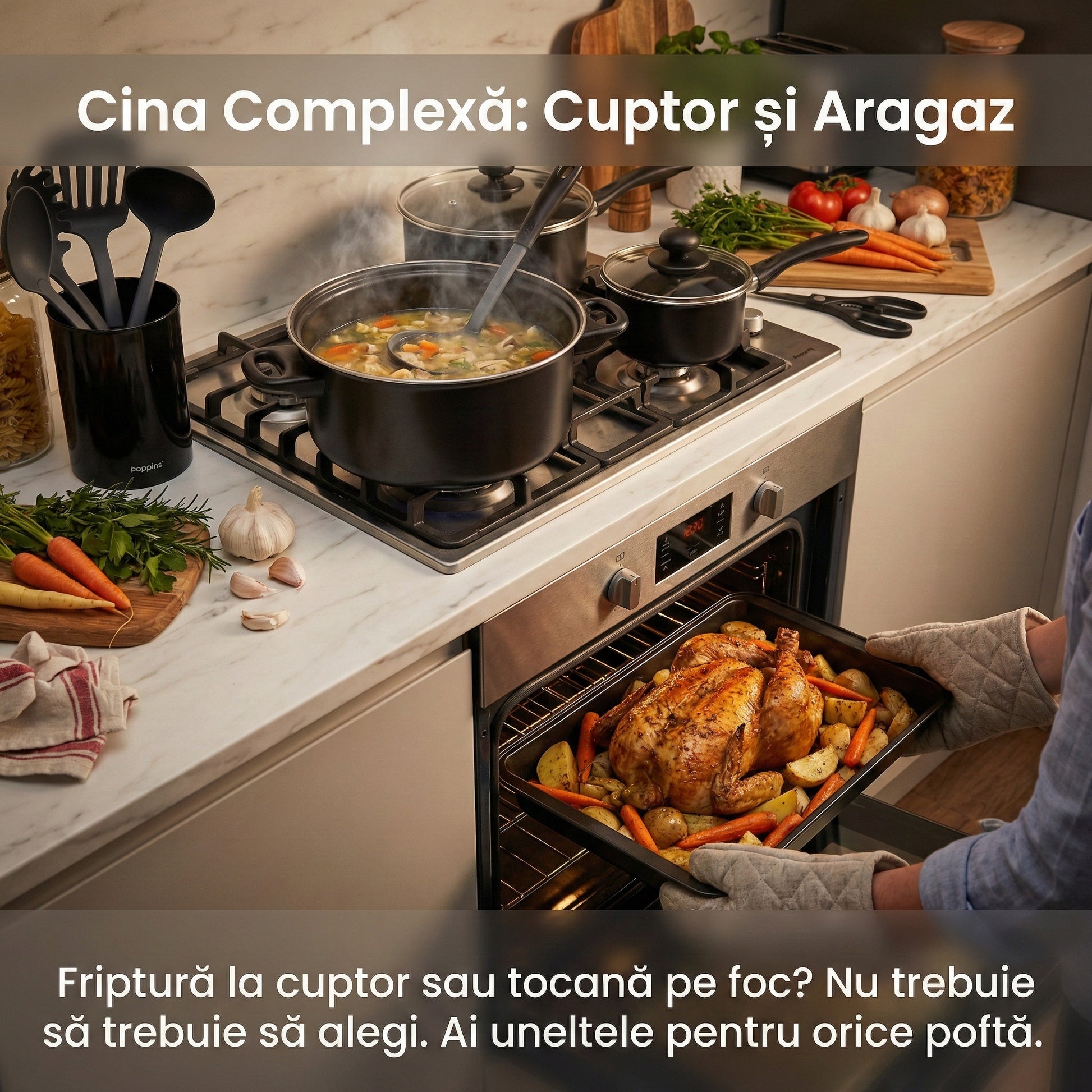 Set Complet Bucătărie 22 Piese Carter & Clay, Vase Gătit Antiaderente ILAG, Tavă Cuptor și Ustensile, Oțel Carbon, Negru