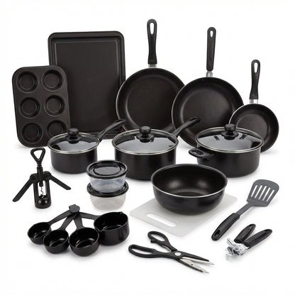 Set Complet Bucătărie 22 Piese Carter & Clay, Vase Gătit Antiaderente ILAG, Tavă Cuptor și Ustensile, Oțel Carbon, Negru