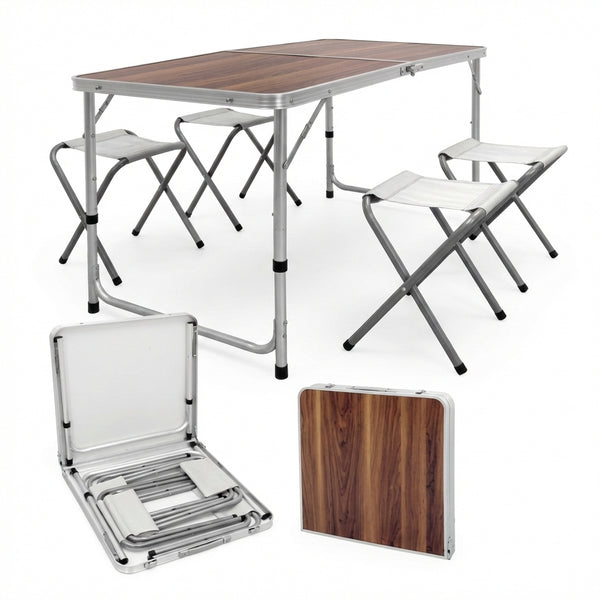 Set Masă Camping Pliabilă Tip Valiză cu 4 Scaune, Cadru Aluminiu, Blat MDF Impermeabil, Reglabilă pe Înălțime, Aspect Lemn