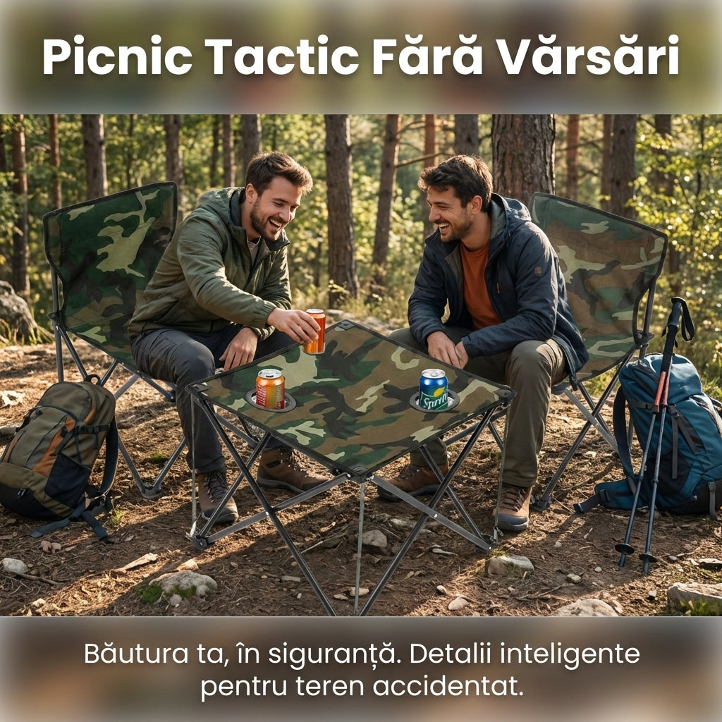 Set Masă Camping Pliabilă cu 2 Scaune, Model Army Camuflaj, 2 Suporturi Pahare, Geantă Transport Inclusă, Ideal Pescuit