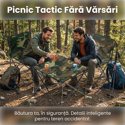 Set Masă Camping Pliabilă cu 2 Scaune, Model Army Camuflaj, 2 Suporturi Pahare, Geantă Transport Inclusă, Ideal Pescuit