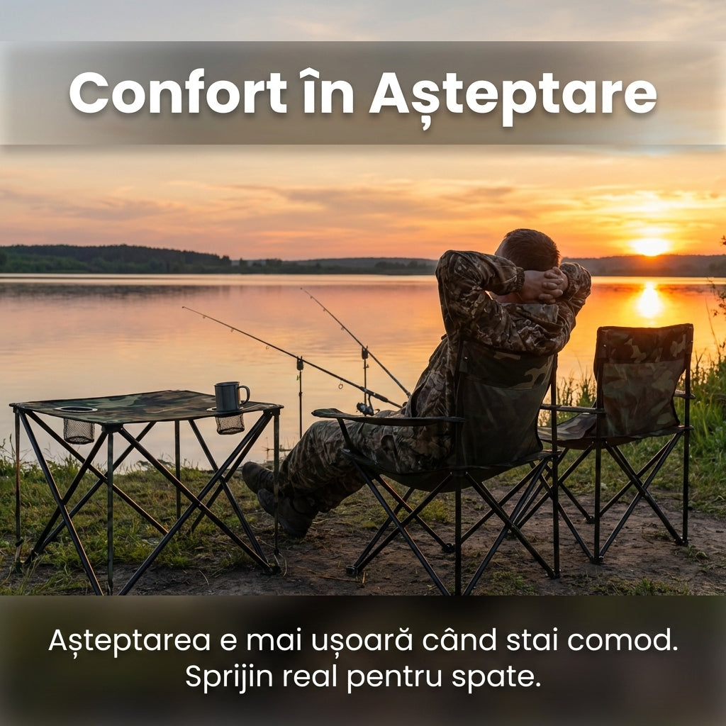 Set Masă Camping Pliabilă cu 2 Scaune, Model Army Camuflaj, 2 Suporturi Pahare, Geantă Transport Inclusă, Ideal Pescuit