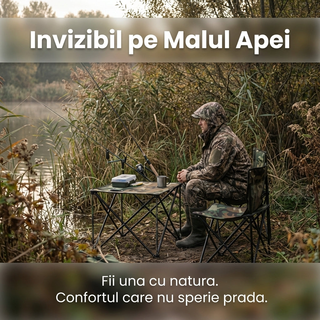 Set Masă Camping Pliabilă cu 2 Scaune, Model Army Camuflaj, 2 Suporturi Pahare, Geantă Transport Inclusă, Ideal Pescuit