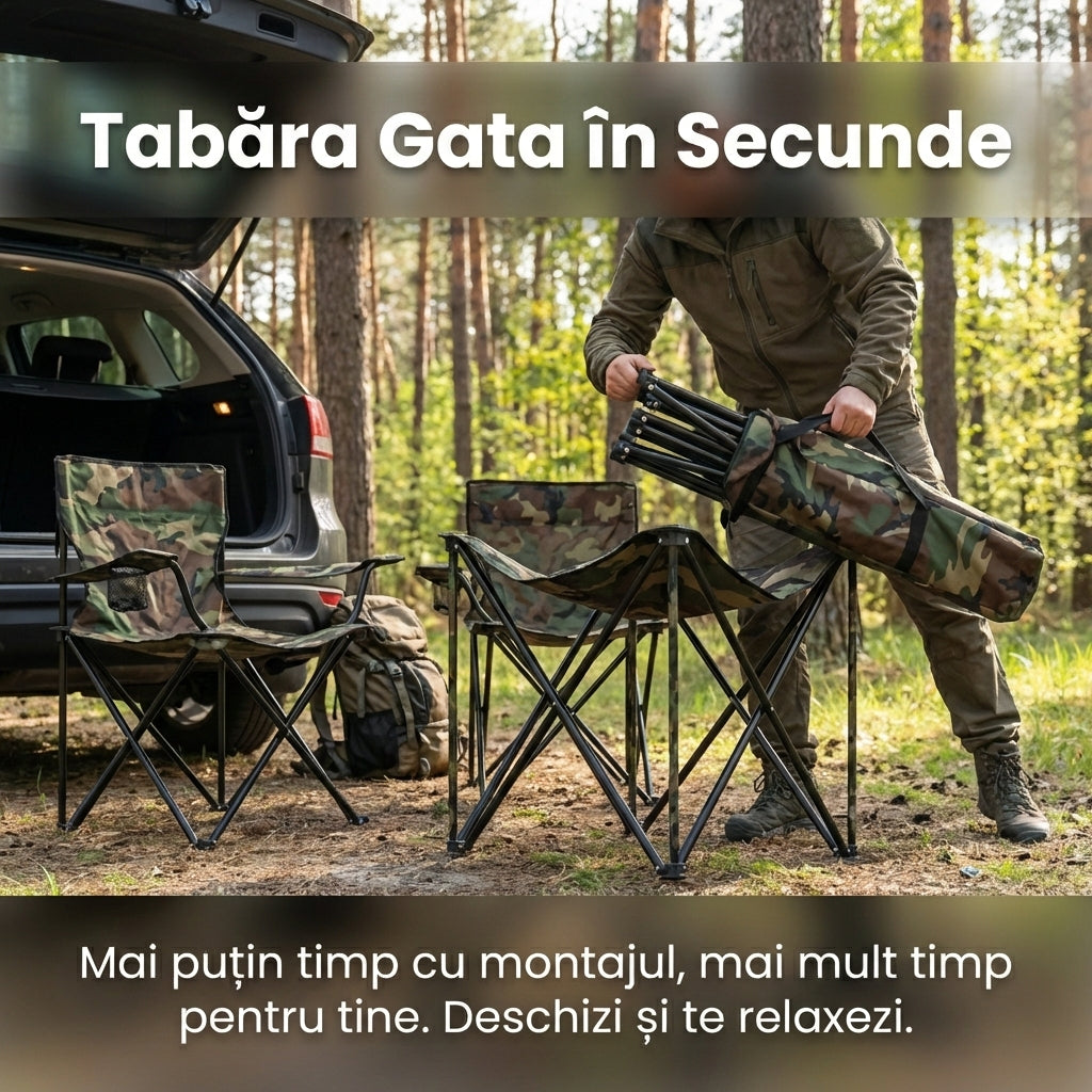 Set Masă Camping Pliabilă cu 2 Scaune, Model Army Camuflaj, 2 Suporturi Pahare, Geantă Transport Inclusă, Ideal Pescuit