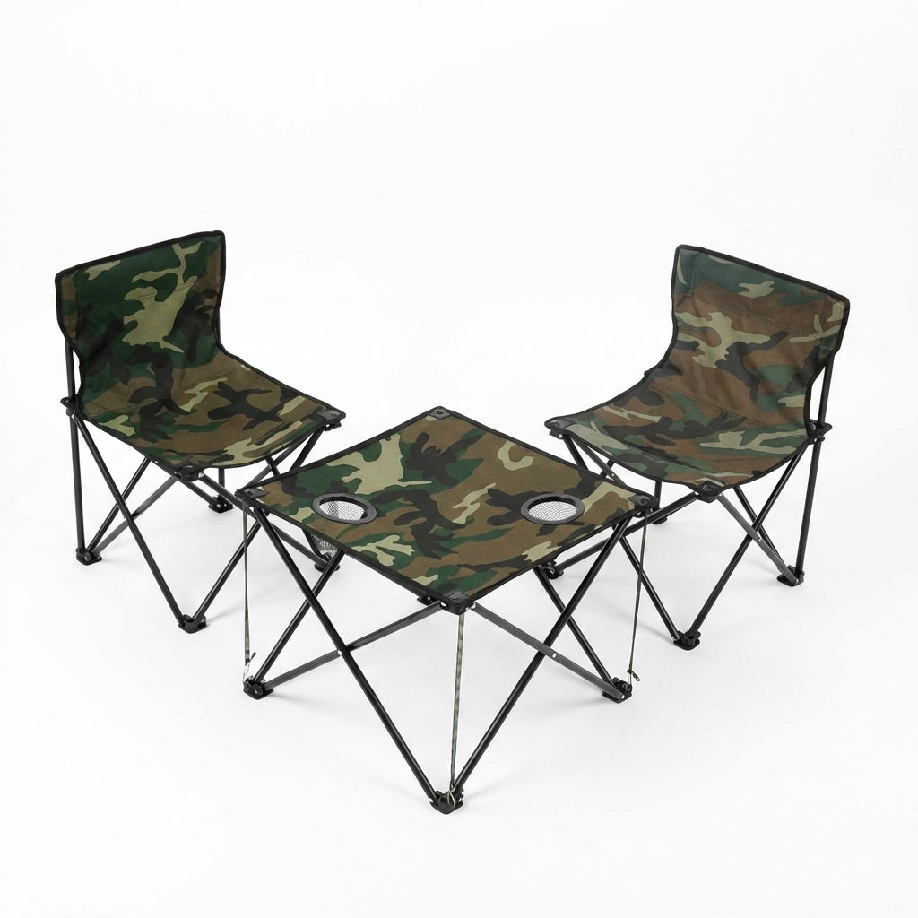 Set Masă Camping Pliabilă cu 2 Scaune, Model Army Camuflaj, 2 Suporturi Pahare, Geantă Transport Inclusă, Ideal Pescuit