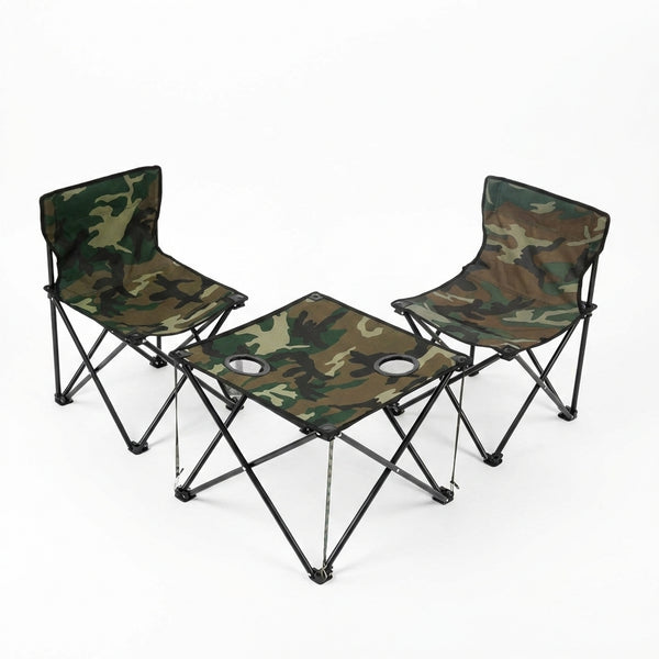 Set Masă Camping Pliabilă cu 2 Scaune, Model Army Camuflaj, 2 Suporturi Pahare, Geantă Transport Inclusă, Ideal Pescuit