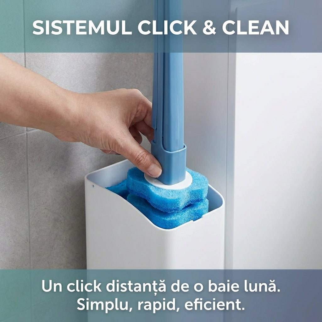 Set Perie WC Igienică de Unică Folosință, Mâner Lung, Suport Depozitare + 8 Rezerve de Curățare, Alb/Albastru