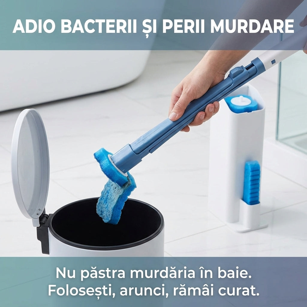 Set Perie WC Igienică de Unică Folosință, Mâner Lung, Suport Depozitare + 8 Rezerve de Curățare, Alb/Albastru