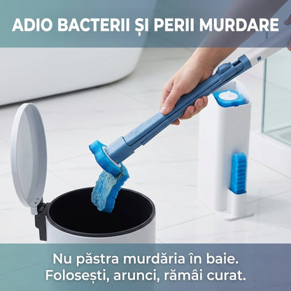 Set Perie WC Igienică de Unică Folosință, Mâner Lung, Suport Depozitare + 8 Rezerve de Curățare, Alb/Albastru