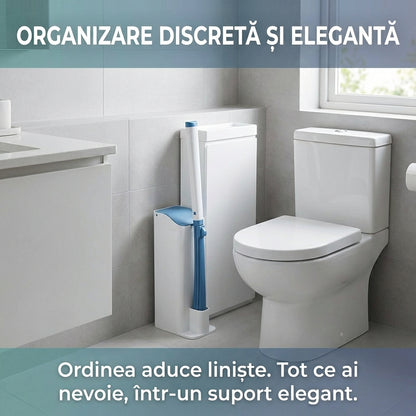 Set Perie WC Igienică de Unică Folosință, Mâner Lung, Suport Depozitare + 8 Rezerve de Curățare, Alb/Albastru