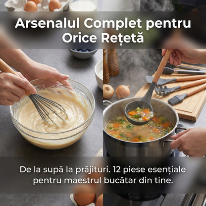 Set Premium 12 Ustensile de Gătit din Silicon Termorezistent și Lemn Natural, Antiaderente + Suport Inclus