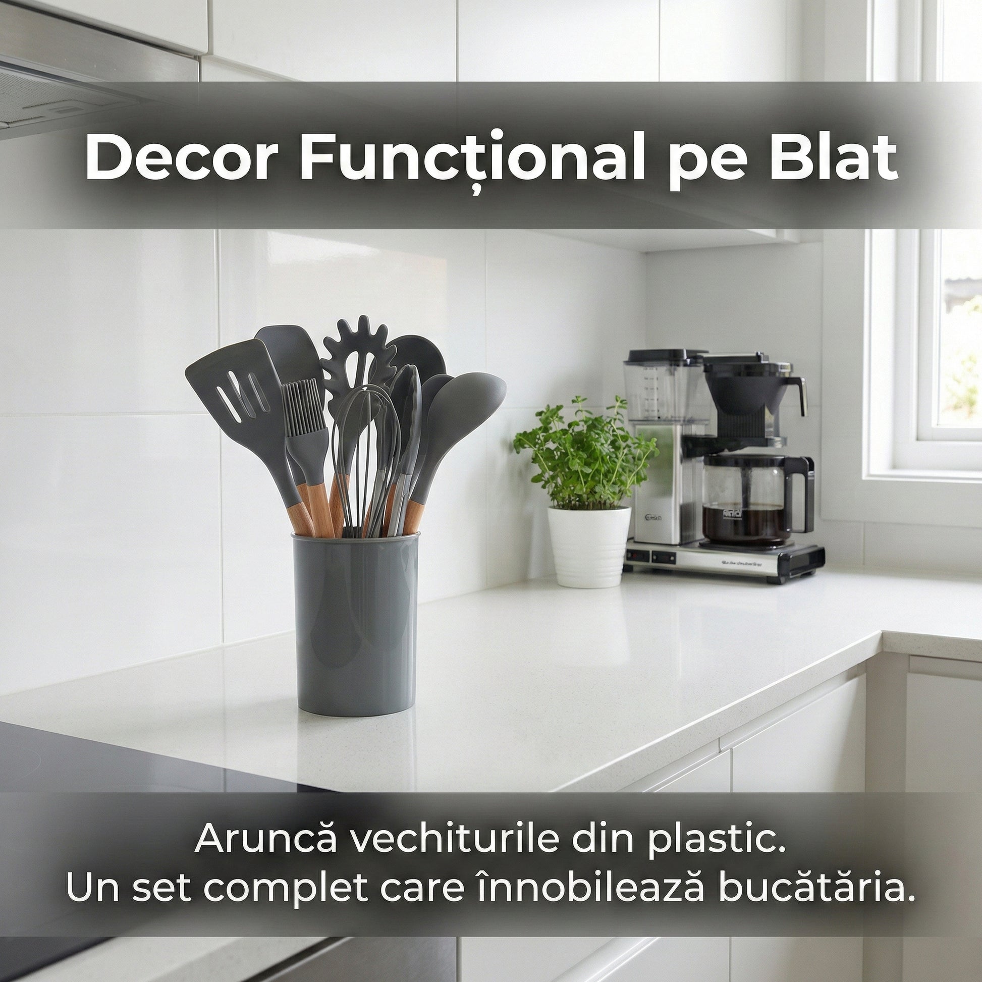 Set Premium 12 Ustensile de Gătit din Silicon Termorezistent și Lemn Natural, Antiaderente + Suport Inclus