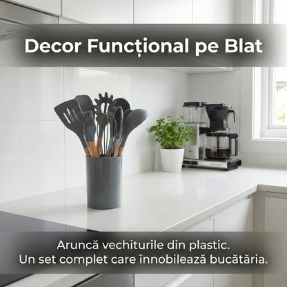 Set Premium 12 Ustensile de Gătit din Silicon Termorezistent și Lemn Natural, Antiaderente + Suport Inclus