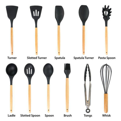 Set Premium 12 Ustensile de Gătit din Silicon Termorezistent și Lemn Natural, Antiaderente + Suport Inclus