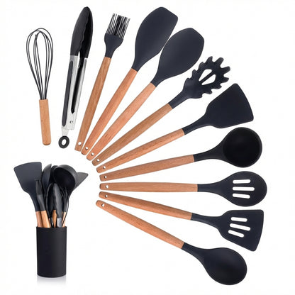 Set Premium 12 Ustensile de Gătit din Silicon Termorezistent și Lemn Natural, Antiaderente + Suport Inclus